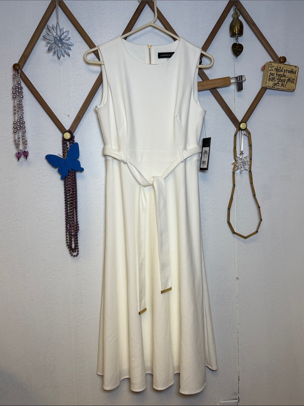 Andrew Marc white Sleeveless Midi Dress with Self-Tie Belt